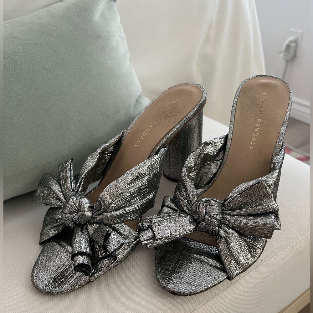 Silver Loeffler Randal Pleated Bow Heeled Sandals